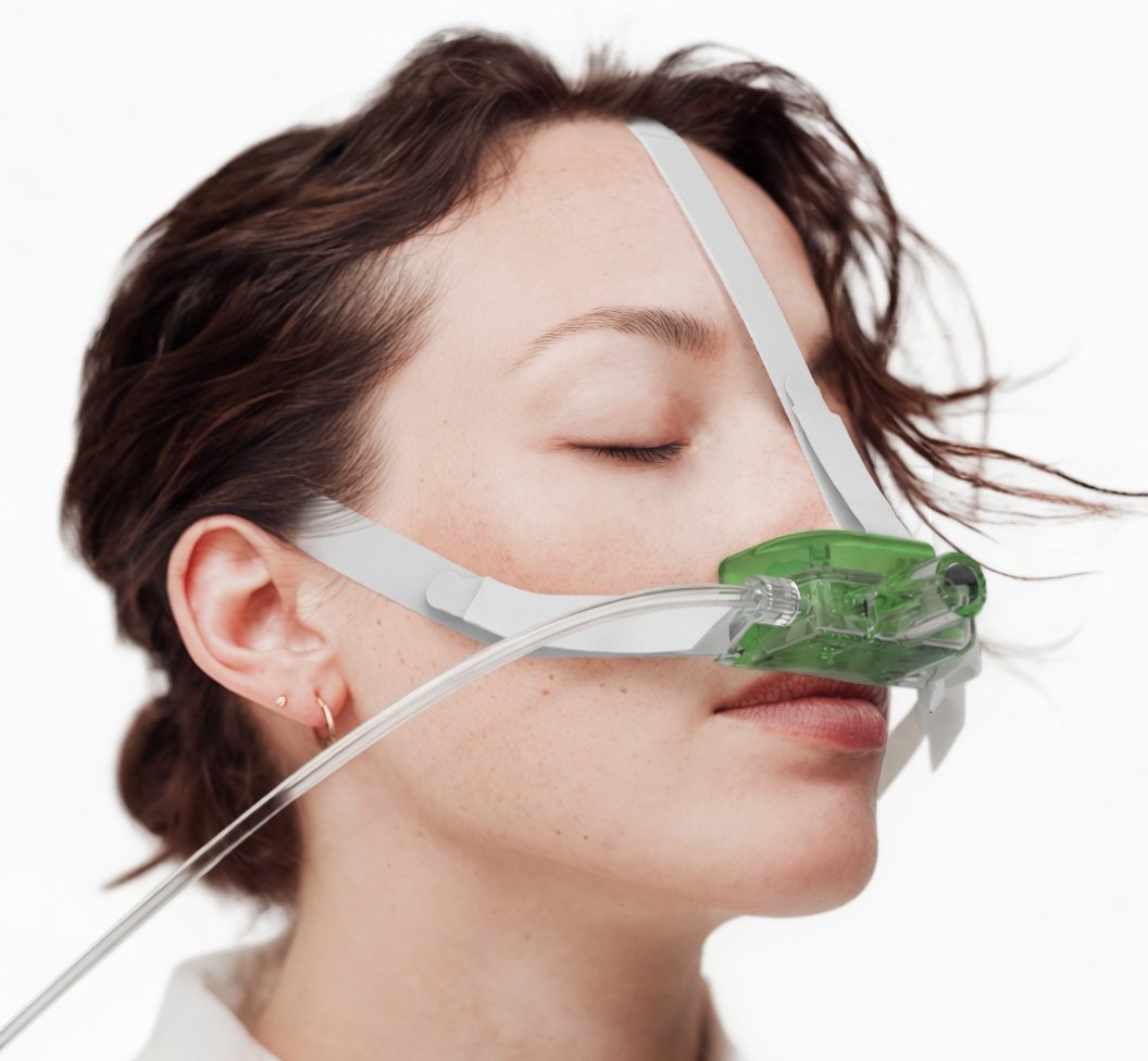 Patient wearing the xchange nasal CPAP device