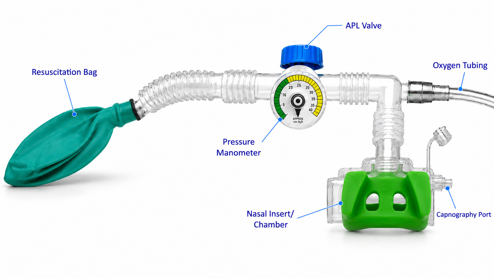 xchange with breathing circuit: resuscitation bag, APL valve, pressure manometer, oxygen tubing, nasal insert/chamber, capnography port